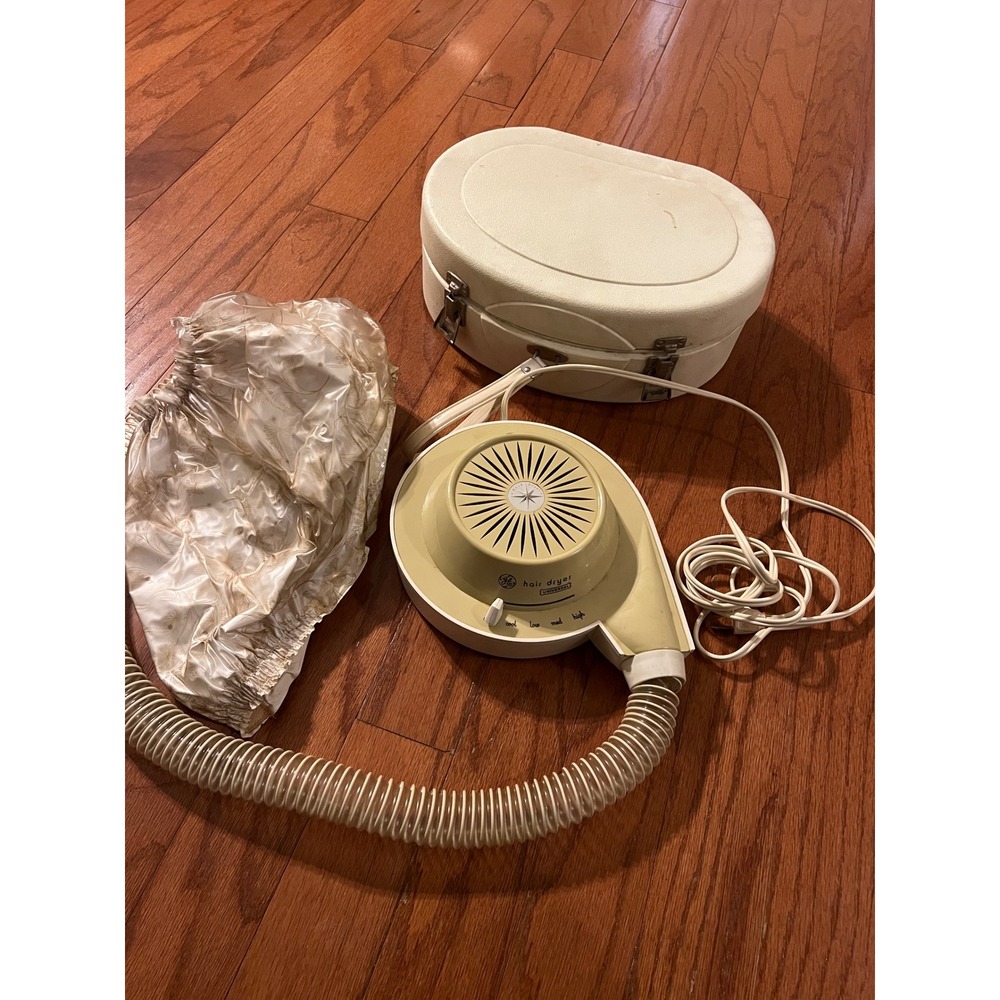 Working GE Bonnet Hair Dryer Women Cream Vintage Universal Portable Case 1960s